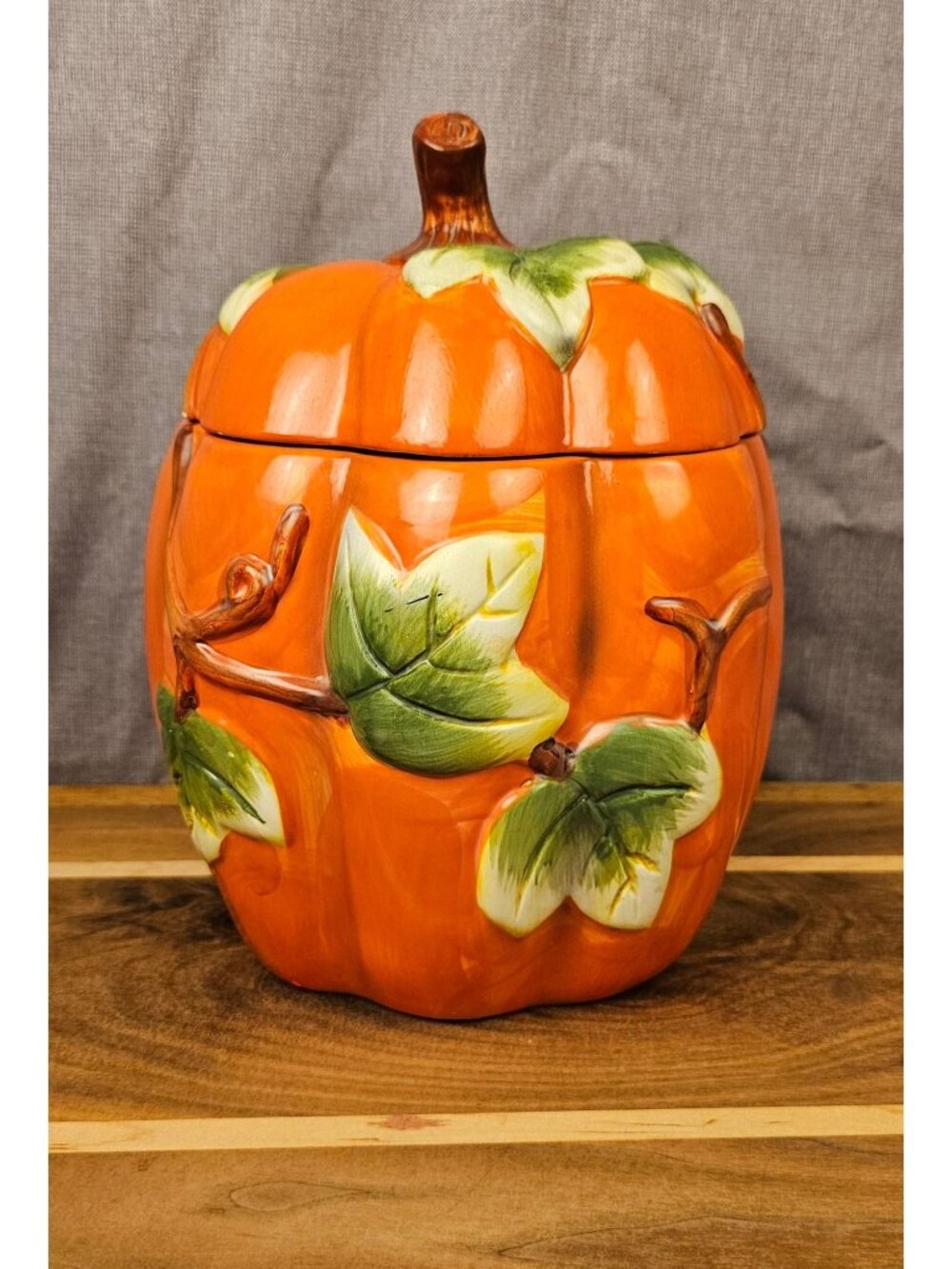 Ceramic Pumpkin-Shaped Cookie Jar With Hand-Painted Leaves & Lid